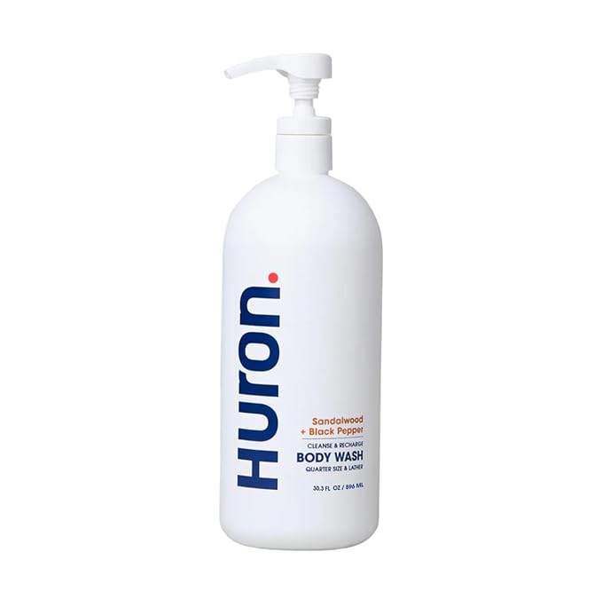 Huron Men’s Moisturizing Body Wash - Clean & Woody Scent of Sandalwood, Black Pepper, Cedarwood, & Amber - Made With Coconut Oil, Vitamin E & Witch Hazel - Vegan, Cruelty-Free - 30.3 fl oz - Bloomnest