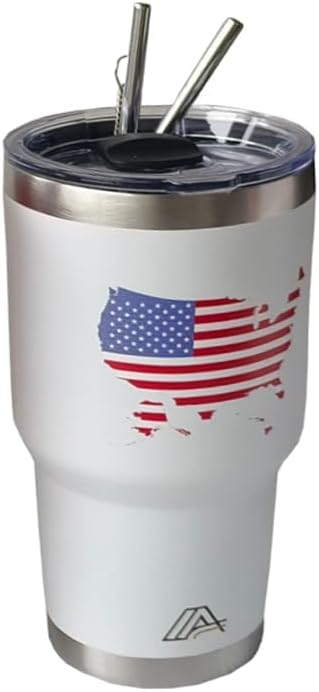 Tumbler 30oz Stainless Steel, Vacuum Insulated w/MagSlider Lid, USA Flag on White, Double Wall, Keeps Drinks Cold & Hot, Patriotic Gift - Bloomnest