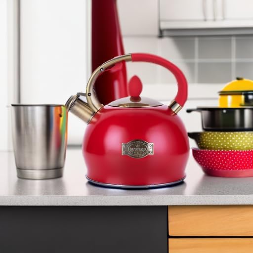 SUSTEAS Stove Top Whistling Tea Kettle - Food Grade Stainless Steel Teakettle Teapot with Cool Touch Ergonomic Handle, With 1 Silicone Pinch Mitt Included, 2.64 Quart(RED) - Bloomnest