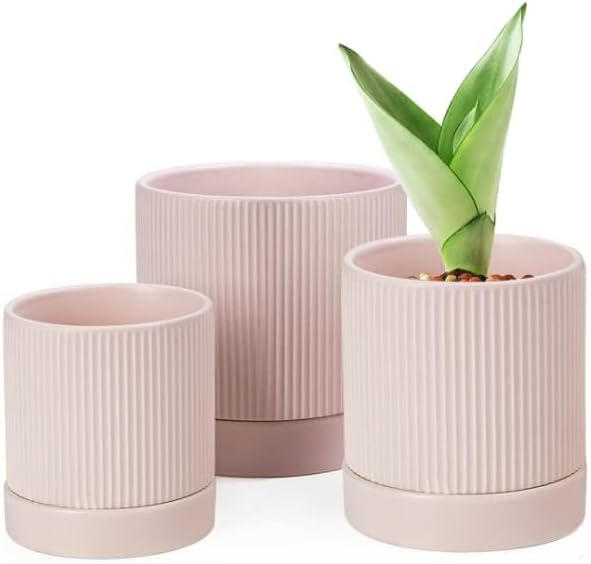 LaDoVita 3 Pack Ceramic Plant Pots 6/5/4 inch, Flowerpot for Indoor Plants with Drainage Holes and Tray, Outdoor Garden Planters, Modern Decorative for Home, Pink Vertical Stripes - Bloomnest