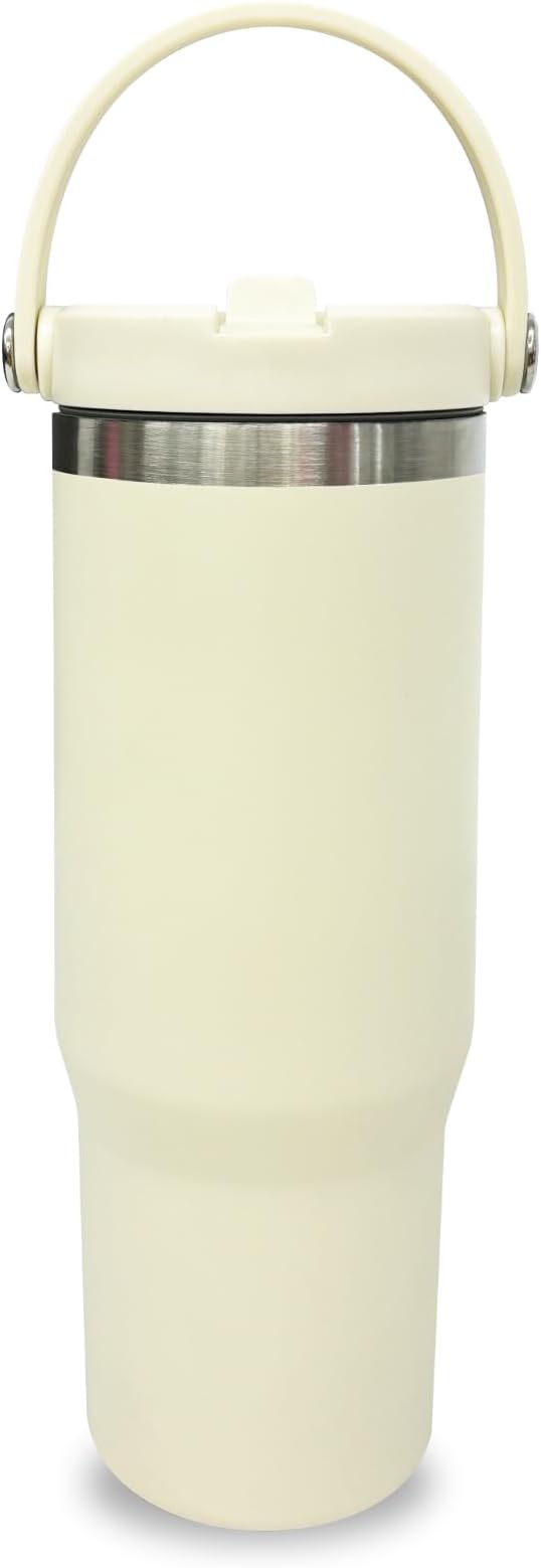 30 oz Tumbler with Top Handle, Double Wall Vacuum Insulated Tumbler with Flip Straw, Travel Coffee Mug 30oz Powder Coated Cup for Laser Engraving (Cream,1 pack)