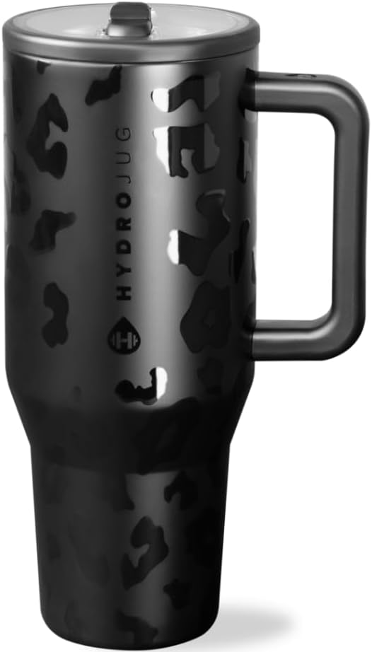 HydroJug Traveler - 32 oz Water Bottle with Handle & Flip Straw - Fits in Cup Holder, Leak Resistant Tumbler-Reusable Insulated Stainless Steel & Rubber Base - Gifts for Women & Men, Black Leopard - Bloomnest