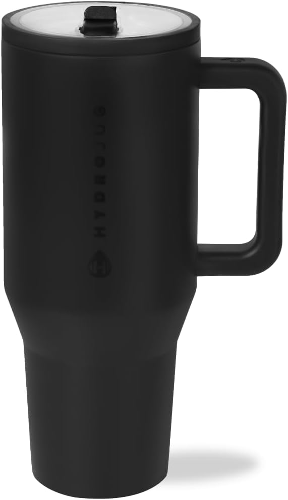 HydroJug Traveler - 40 oz Water Bottle with Handle & Flip Straw - Fits in Cup Holder, Leak Resistant Tumbler-Reusable Insulated Stainless Steel & Rubber Base - Gifts for Women & Men, Black - Bloomnest