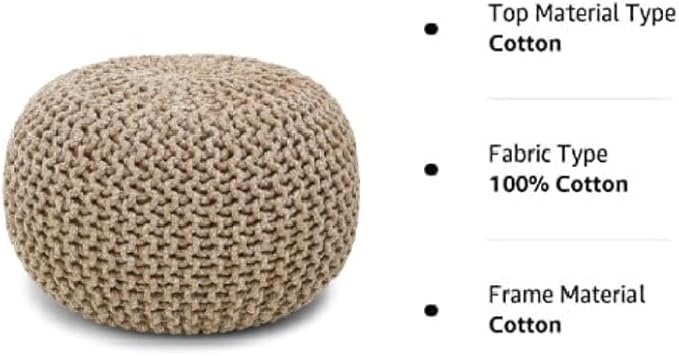 REDEARTH Round Pouf Ottoman - Hand Knitted Cable Boho Poof Home Décor Pouffe Circular Footrest for Living Room - Nursery - Bedroom - Lounge 100% Cotton (18”x18”x14”) - Beige Ivory - Bloomnest