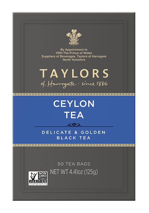 Taylors of Harrogate Pure Ceylon, Black Tea, Pillow Bags, 50 Count (Pack of 6), Bold, Bright, & Brisk, Caffeinated, Enjoy Hot or Iced, 300 Teabags Total - Bloomnest