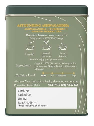 Luxmi Estates - Astounding Ashwagandha - Organic Loose Leaf Tea - 100g (50 Cups) | With Ashwagandha, Turmeric, Ginger, Lemongrass & More | Perfect Stress Relief Tea - Bloomnest