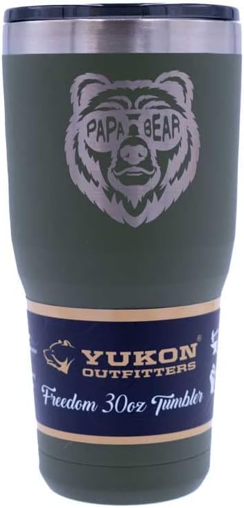 Yukon Outfitters Freedom High Grade 18/8 Corrosion-Resistant Stainless Steel Double Wall Vacuum Insulated Tumbler (30oz / 890ml) - 7.85" H x 3.9" Top Dia. / 2.9" Bottom dia., Papa Bear - Olive Drab - Bloomnest