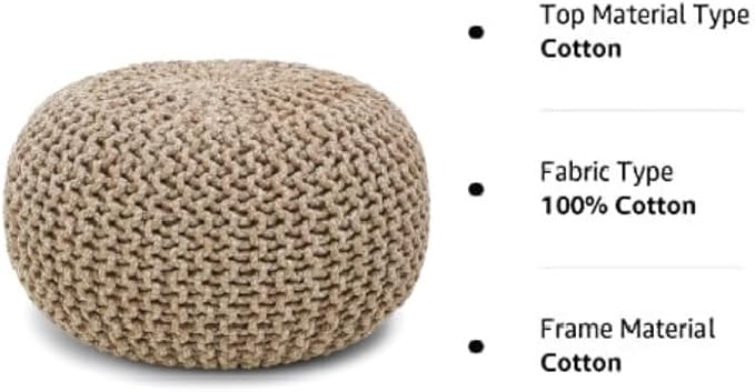 REDEARTH Round Pouf Ottoman - Hand Knitted Cable Boho Poof Home Décor Pouffe Circular Footrest for Living Room - Nursery - Bedroom - Lounge 100% Cotton (19.5"x19.5"x14") - Beige Ivory - Bloomnest