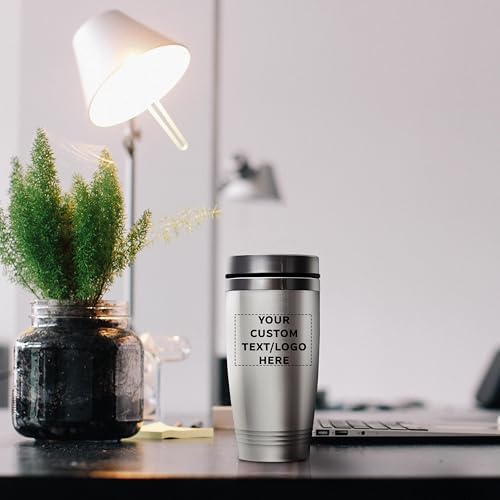 DISCOUNT PROMOS Custom 16 oz Stainless Steel Coffee Tumbler - Custom Cups with Names, Photos, Logos - Personalized Design for Hot & Cold Drinks - Silver
