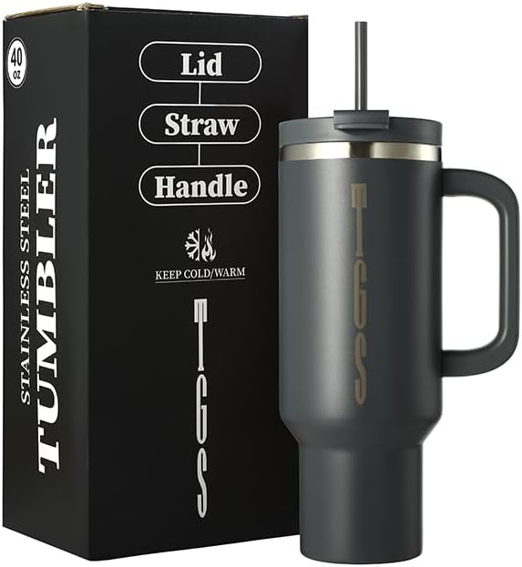 Stainless Steel Insulated Tumbler with Handle Lid and Straw, 40oz Keeps Drinks Cold for 12 Hours or hot for 8 Hours, Vacuum Insulated Water/Coffee/Tea Bottle for Home/Office/Car/Travel-Gift - Bloomnest