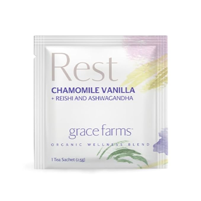 Grace Farms REST Wellness Organic Tea Blend (100 Enveloped Pyramid Sachets w/ String & Tag) | Sleep and Stress Support For Evening | Chamomile Vanilla Tea with Caffeine Free Adaptogens and Mushrooms | Gives Back 100% of Profits - Bloomnest