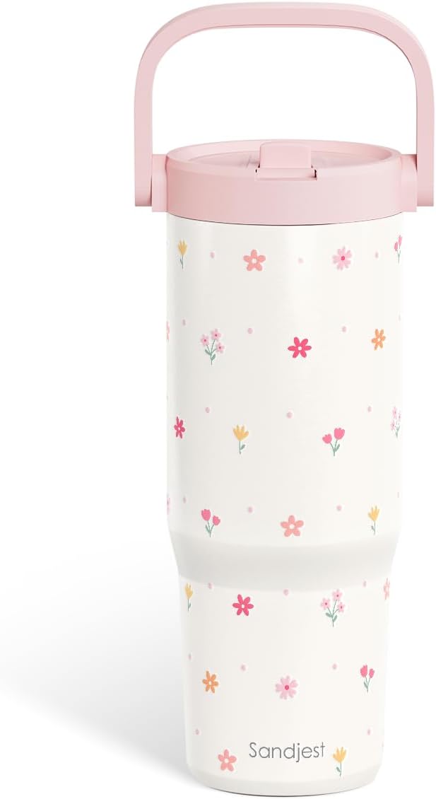 SANDJEST Floral Stainless Steel Straw Lid Tumbler 30oz with Carry Handle for Women Girls, Insulated Travel Coffee Cup, Gift for Sports Outdoor Workout Christmas Birthday - Bloomnest