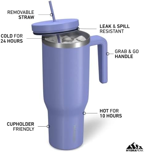 Hydrapeak Voyager 40 oz Tumbler with Handle and Straw Lid | Reusable Stainless Steel Water Bottle Travel Mug Cupholder Friendly | Insulated Cup (Iris) - Bloomnest