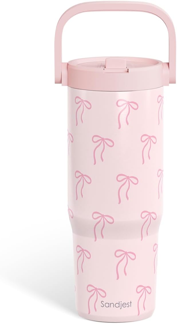 SANDJEST Pink Bow Stainless Steel Straw Lid Tumbler 30oz with Carry Handle for Women Girls, Insulated Travel Coffee Cup, Gift for Sports Outdoor Workout Christmas Birthday - Bloomnest