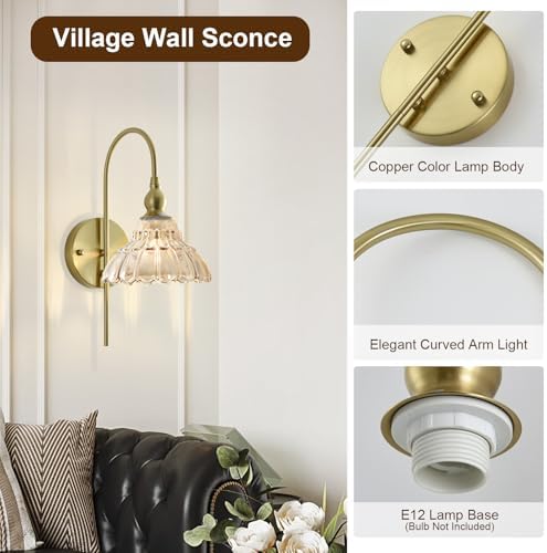 Vintage Wall Sconces with Amber Flower Glass Lampshade, Indoor Bath-Room Wall Sconce, Modern Gold Industrial Lighting Fixture for Mirror Living Room Hallway 2 Pack - Bloomnest