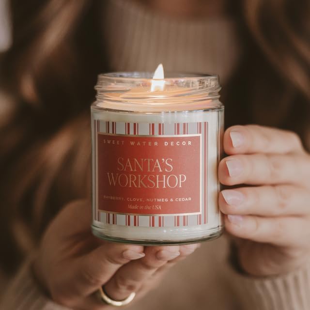 Sweet Water Decor Santa's Workshop Candle - Bayberry, Fir, Nutmeg, and Clove Winter Holiday Scented Soy Candles for Home - 9oz Clear Jar, 40 Hour Burn Time, Made in The USA - Bloomnest