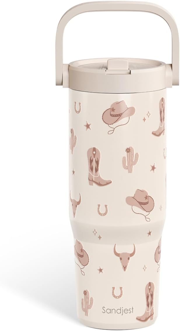 SANDJEST Cowgirl Stainless Steel Straw Lid Tumbler 30oz with Carry Handle for Women Girls, Insulated Travel Coffee Cup, Gift for Sports Outdoor Workout Christmas Birthday - Bloomnest