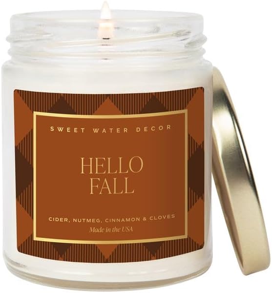Sweet Water Decor Hello Fall Candle, Autumn Scented Notes of Cider, Cinnamon Cloves, & Nutmeg, 40+ Hour Burn Time, Non-Toxic Soy Wax Blend, Poured in The USA, Cotton Wick, 9oz Glass Jar with Gold Lid - Bloomnest