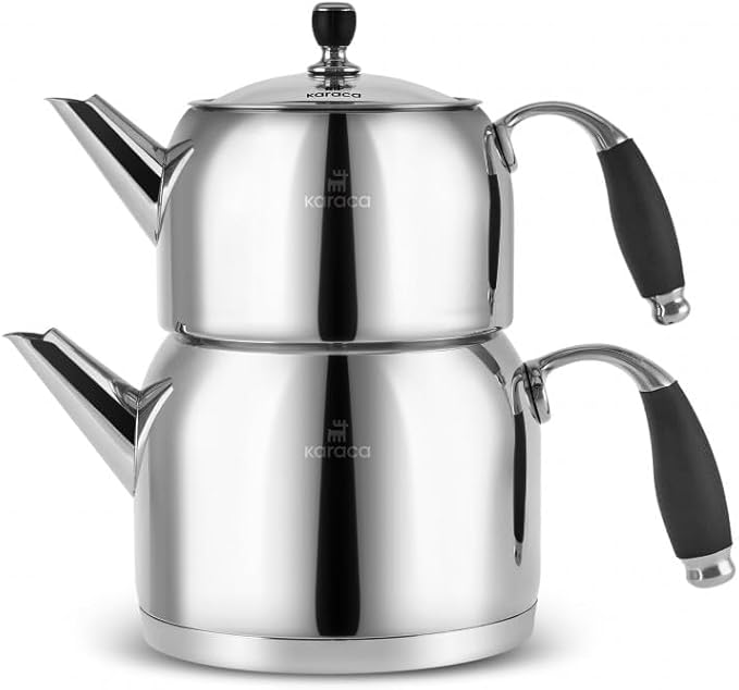Karaca Stella Stainless Steel Turkish Teapot Set XL, 1L Tea Pot & 2L Water Tank (Kettle), Stove Top/Induction Compatible, Elegant Silver Color, Easy to Clean, Heat-Resistant Handles - Bloomnest