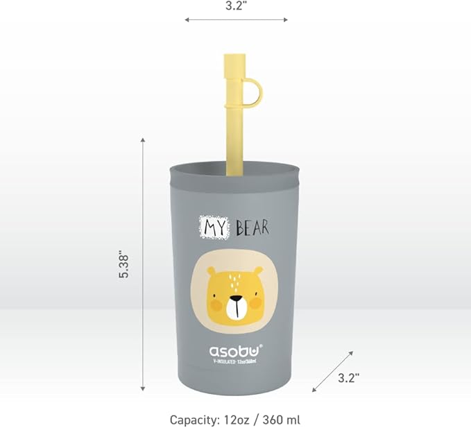 asobu Stainless Steel Kids Tumbler with Flexible Straw Lid | Insulated Water Bottle | Reusable Travel Cup 12 Ounce (Grey) - Bloomnest