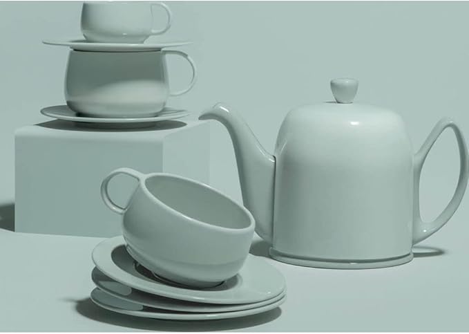 Degrenne Salam Luxury French Tea Pot - Porcelain Teapot with Stainless Steel Cover, Ceramic Tea Kettle for Loose Tea, Removable Infuser, 4 Cup Capacity, 24oz - Monochrome Mint - Bloomnest