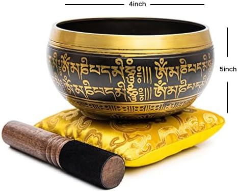Tibetan Singing Bowl Set - 4" Easy To Play Authentic Handmade For Meditation Sound 7 Chakra Healing By HIMALAYAN BAZAAR (Black/Yellow, 4 Inches) - Bloomnest