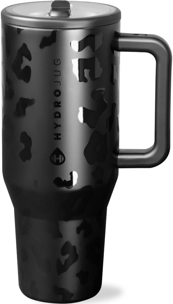 HydroJug Traveler - 40 oz Water Bottle with Handle & Flip Straw - Fits in Cup Holder, Leak Resistant Tumbler-Reusable Insulated Stainless Steel & Rubber Base - Gifts for Women & Men, Black Leopard - Bloomnest