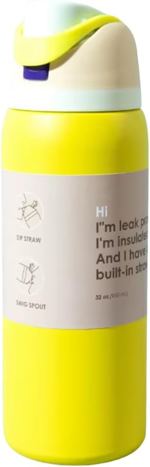 DUTHINGS Insulated Stainless Steel Water Bottle with Straw, 32 oz, Reusable Sports and Travel Bottle for School, Kids, and Outdoors - Leakproof and BPA-Free (YELLOW) Bloomnest