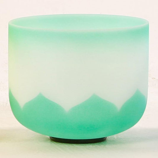 Leize Crystal Singing Bowl Lotus Design Colored Rim Chakra Tuned Quartz 9” wide Green 432hz F Note with Suede Striker