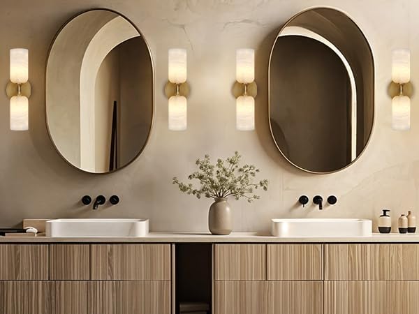 Alabaster Wall Sconces Set of Two, 14in Modern Spanish Natural Marble Bathroom Vanity Sconces, Brass Alabaster Sconce Wall Lighting, Gold Wall Light Fixtures Decor for Bedroom Living Room Staircases - Bloomnest