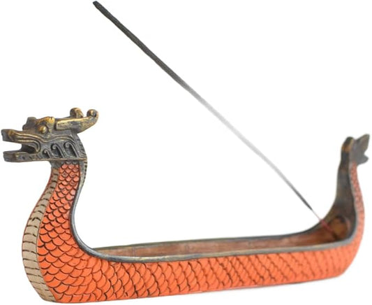 Comeon Retro Incense Burners Traditional Chinese Design Dragon Boat Incense Stick Holder Burner Hand Carved Carving Censer Ornaments (Orange) - Bloomnest