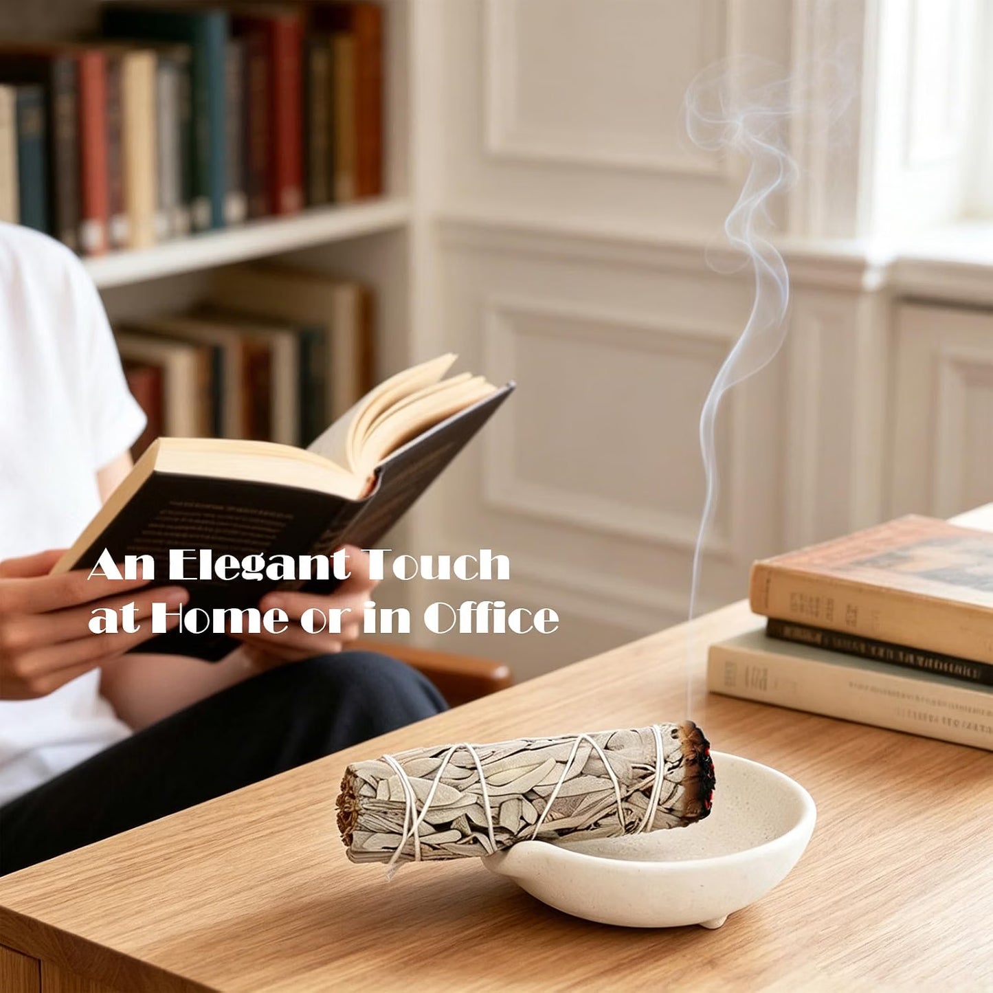 MEADAY Ceramic Incense Burner Bowl with Brass Holder, 4-Inch Round Ash Catcher for Sticks, Cones, Palo Santo & Sage, Speckled Cream