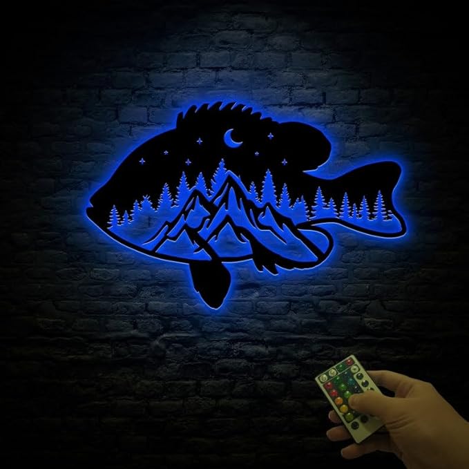 Personalized Neon Sign, Panfish Mountain Metal Wall Art Led Light, Fishing Gifts for Men, Gift for Dad, Fish and Trees Sign, Cabin Lodge Decor, Fisherman Gift - Bloomnest
