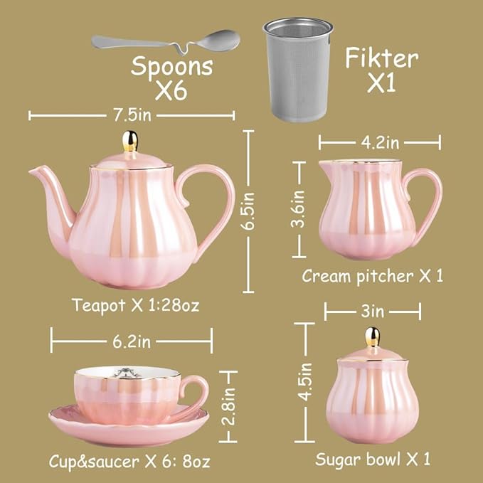 Porcelain Tea Sets British Royal Series, 8 OZ Cups& Saucer Service for 6, with Teapot Sugar Bowl Cream Pitcher Teaspoons and tea strainer for Tea/Coffee (Coral White) - Bloomnest