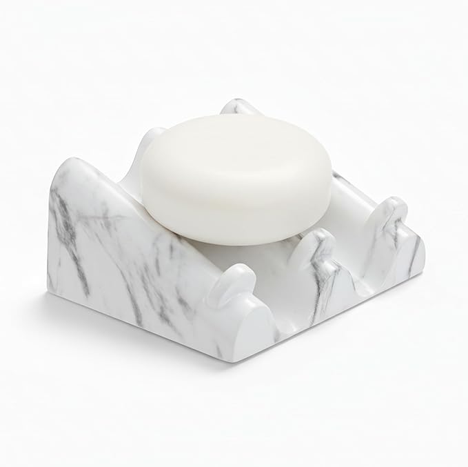 DOXOLOGY White Marble Soap Dish Bathroom Organizer - Resin Soap Dish with Rectangular Design 3.7" L x 2.8" W - Self Draining Soap Dishes Keeps Countertop Neat - Marble Look Soap Tray for Sink - Bloomnest
