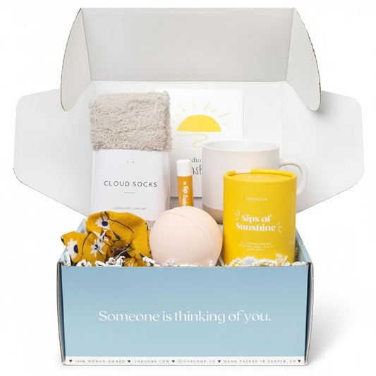 Unboxme Sunshine Care Package for Women, Spa Gift Basket with Tea, Mug, Bath Bomb, Candle, Cozy Socks, Thinking of You, Get Well, Birthday - Bloomnest