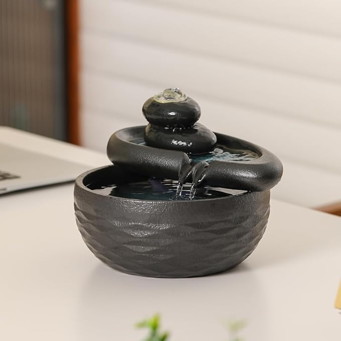 Ceramic Tabletop Desktop Fountain Indoor Home Kitchen Office Decoration (Black) - Bloomnest