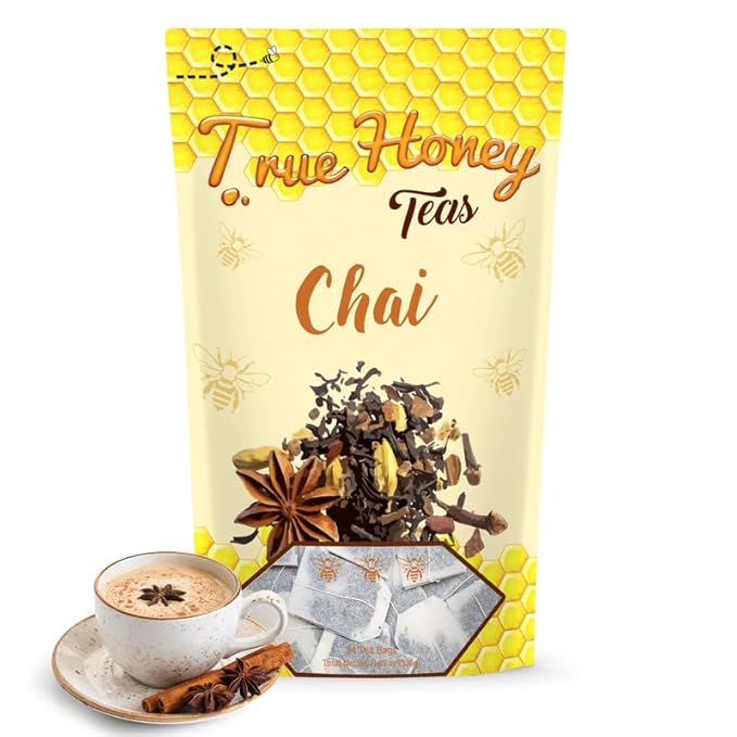 True Honey Chai Tea Bags - Providing Herbal Wellness - All Natural Organic Cinnamon, Clove, Coriander, Anise and Fennel Black - Blended with Honey Crystals Blended - 24 Count - Bloomnest