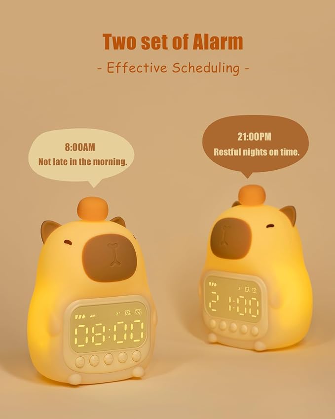 Capybara Alarm Clock with Night Light for Kids, Cute Toddler Alarm Clocks for Bedrooms Ok to Wake Clocks for Girls and Boys, Rechargeable Silicone Animal Tabletop Lamp for Kid - Bloomnest
