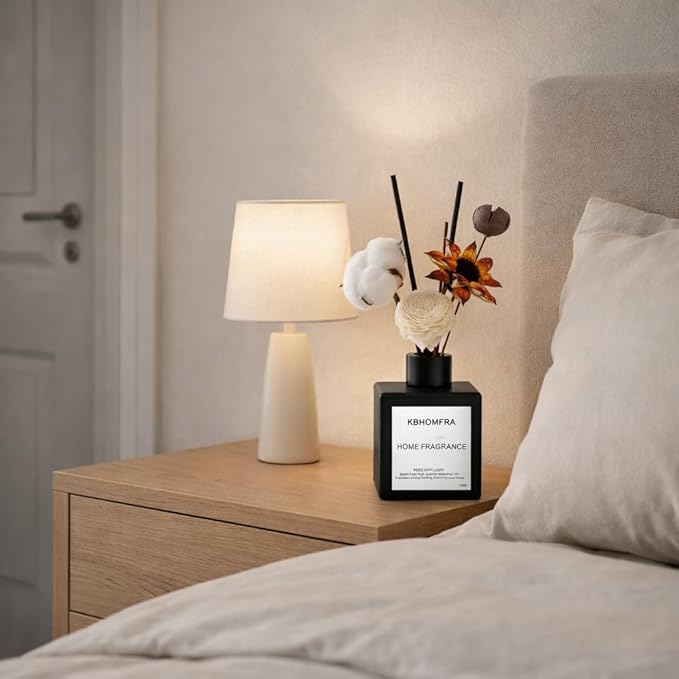 Reed Diffuser Set with Dried Flowers, Jasmine Gardenia Sandalwood Scent, Black Glass Bottle, 5.07fl oz, Aromatherapy Home Fragrance for Bedroom Bathroom (Sandalwood) - Bloomnest