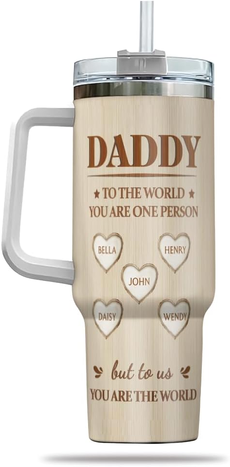 Personalized Dad Tumbler with Handle – Custom Name Mug with Heart Design – You Mean the World to Us Quote – Father's Day, Birthday Gift from Kids - Bloomnest