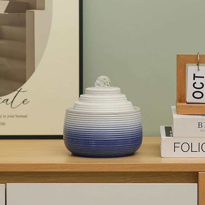 Indoor and Outdoor Fountain Water Feature Fall Ceramic Home Office Decoration mini Tabletop Desktop (Blue with Ball S093) - Bloomnest