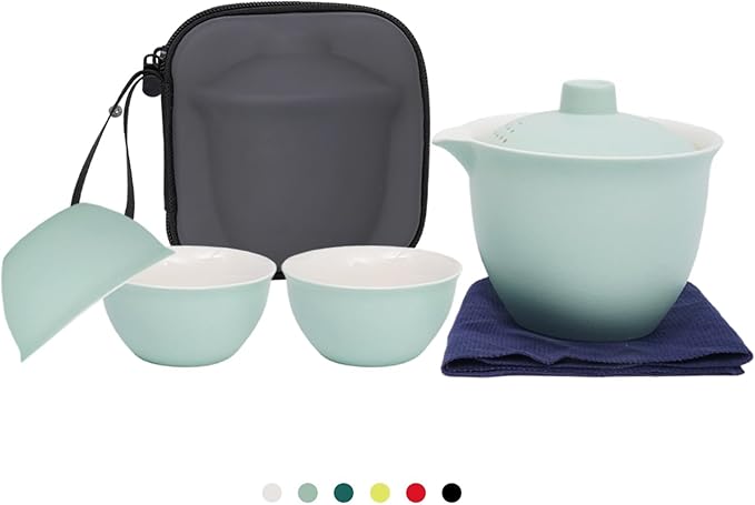 Porcelain Chinese Gongfu Tea Sets for Adults Ceramic japanese Tea Set Portable Kungfu Gaiwan Teapot and Cup Set Small Travel Teaset with Lid for Home Gifting Outdoor and Office (Blue) - Bloomnest