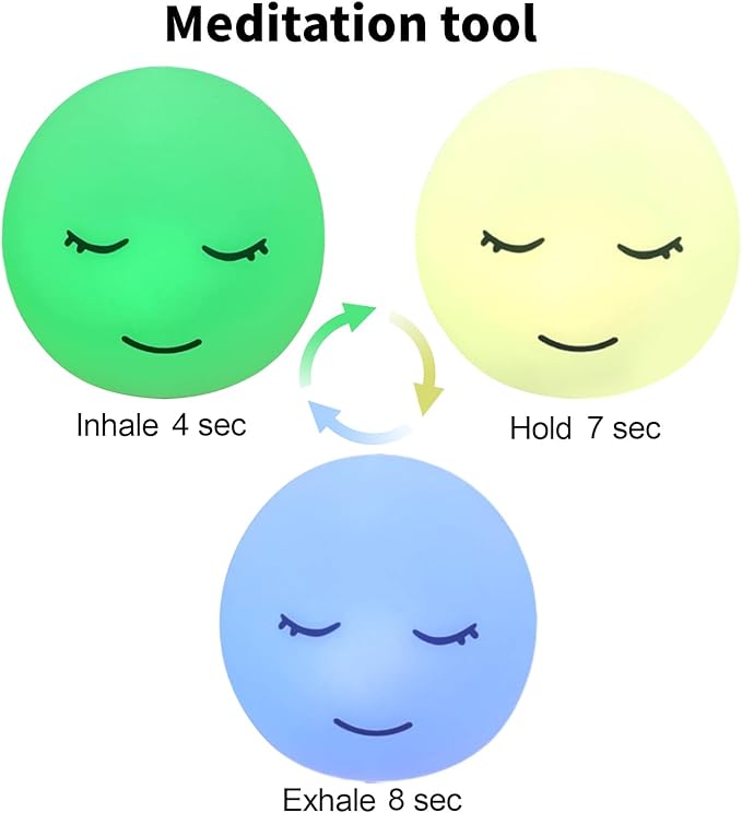Breathing lamp Guided Visual Meditation Tool for Mindfulness, Slow Your Breathing & Calm Your Mind for Stress & Anxiety Relief, 3 Color and 478 Seconds Breathing Mode Silicone Cute Smiley face lamp YeeBeny