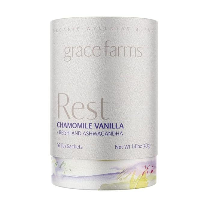 Grace Farms REST Wellness Organic Tea Blend (16 Pyramid Sachets) | Sleep and Stress Support For Evening | Chamomile Vanilla Tea with Adaptogenic Herbs and Mushrooms | Fairtrade and Kosher - Bloomnest