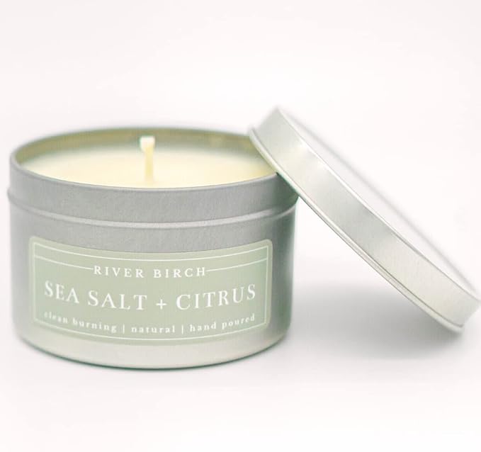 River Birch Candles Sea Salt + Citrus Scented Candle | Premium, All-Natural, Non-Toxic, Soy Candles | 8 oz. Silver Tin Travel Candle | Cozy Relaxing Gifts for Home - Bloomnest