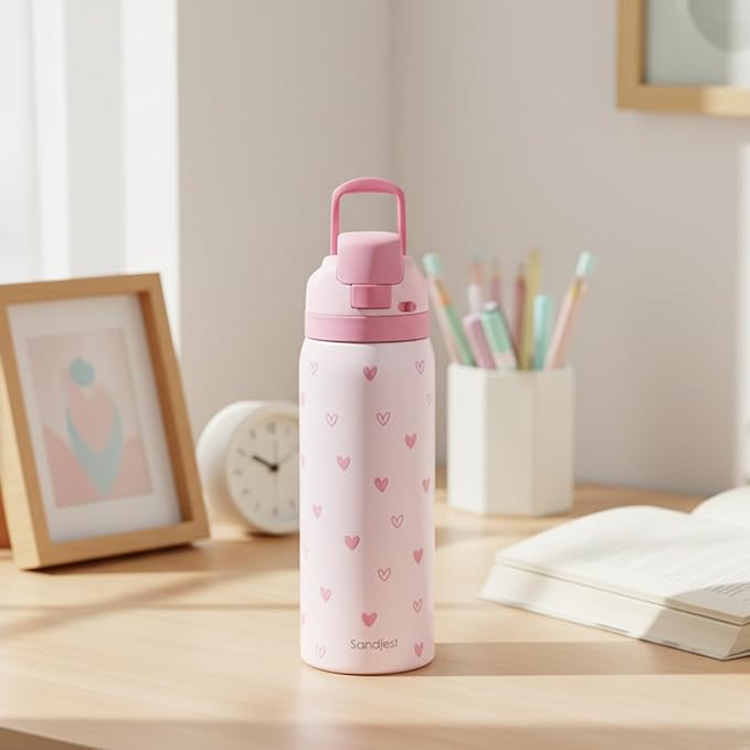 Heart Insulated Stainless Steel Water Bottle with Straw for Sports and Travel, 32oz, Gifts for Women Girls Friends Teens Birthday Christmas - Bloomnest