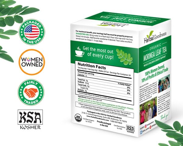 Herbal Goodness Moringa Tea - 6 Cases (24 Tea Bags Each) - Pure Moringa Powder Organic Herbal Tea for Supporting Digestion, Immune System & Bone Health | Non-GMO Caffeine-Free Made in USA - Bloomnest
