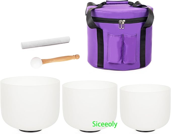 Set of 3 Singing Bowls 432HZ 8-12 inch 8"G 10"E 12"C Frosted Chakra Quartz Crystal Sound Healing Bowls with 1 Travel Carry Case Bag 1 Mallet Suede 1 Striker 3 O-rings - Bloomnest