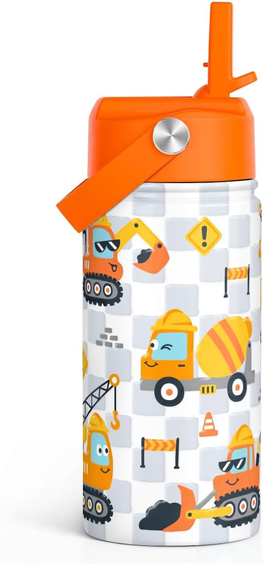 Construction Kids Water Bottle With Straw Lid 12oz Insulated Stainless Steel, Truck Travel Tumbler, Gifts For Boys, Birthday, Christmas, Back To School - Bloomnest